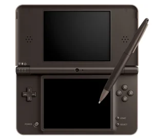 A render of the DSi XL in Bronze, against a white backdrop. The device is facing directly toward the camera, laid flat. A colour matched, oversized stylus is tapping the bottom screen.