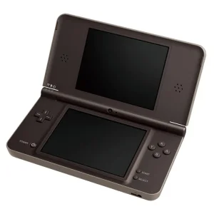An image of the DSi XL in Bronze, against a white background. The device is facing slightly left, with its top screen leaning back.
