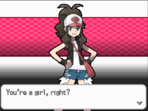 A screenshot of the gender selection screen in Pokemon Black. The text reads: "You're a girl, right?"