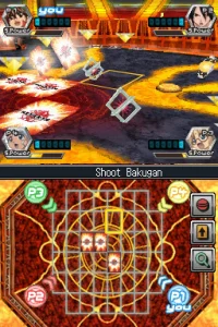 A gameplay screenshot of Bakugan Battle Brawlers for the DS. This shows the UI on the top and bottom screens, as the player prepares to 'shoot' their Bakugan.