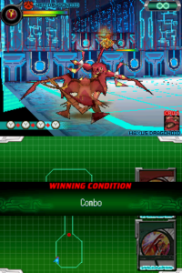 A gameplay screenshot of Bakugan: Defenders of the Core for the DS. The player, playing Neo Dragonoid, fights a CPU Maxus Dragonoid in the game's training mode.