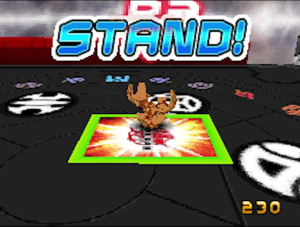 A gameplay screenshot of Bakugan Battle Brawlers for the DS. A Subterra Bakugan has successfully landed on a Gate Card. Blue text above the Bakugan reads: "Stand!"