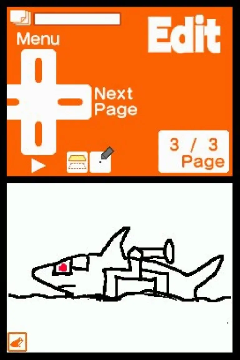 A screenshot of the Flipnote editor in Flipnote Studio. The top screen shows what each D-pad button does, while the bottom screen depicts a drawing of a shark.