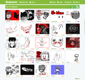A screenshot of the Sudomemo website, showing the thumbnails of many different Flipnotes in a grid.