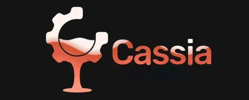 A render of the Cassia project logo, alongside the Cassia wordmark. The typical wine-glass has been replaced with a gear, to represent the in-development status of the emulator.
