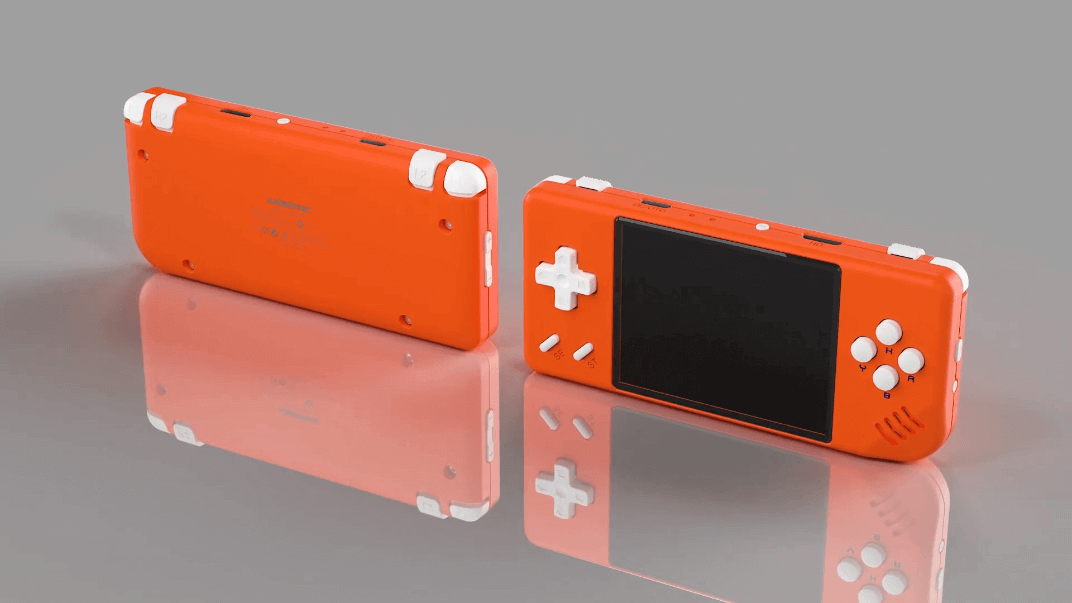 A promo render of the RG28XX in bright orange, showing the front and back of the device.