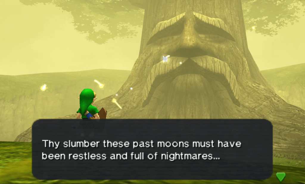 Screenshot of Ocarina of Time 3D, talking to the Great Deku Tree.