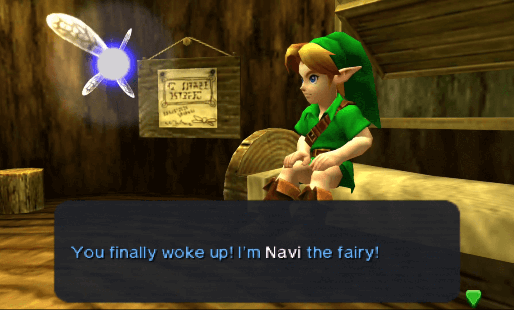 Screenshot of Ocarina of Time 3D, being woken up by Navi.