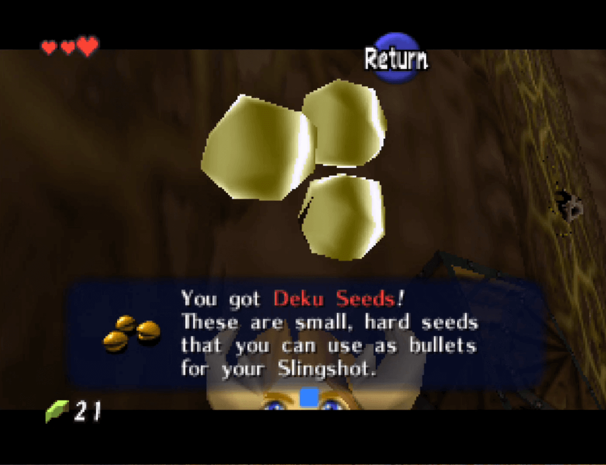 Screenshot of Ocarina of Time, picking up some Deku Seeds.