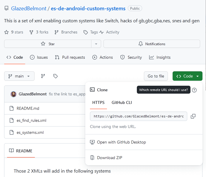 A screenshot of the GitHub page for the custom XML files needed to add Android apps to ES-DE. 