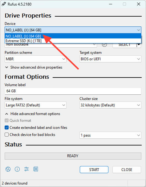 How To Install MinUI on Miyoo A30 - Select microSD card in Rufus