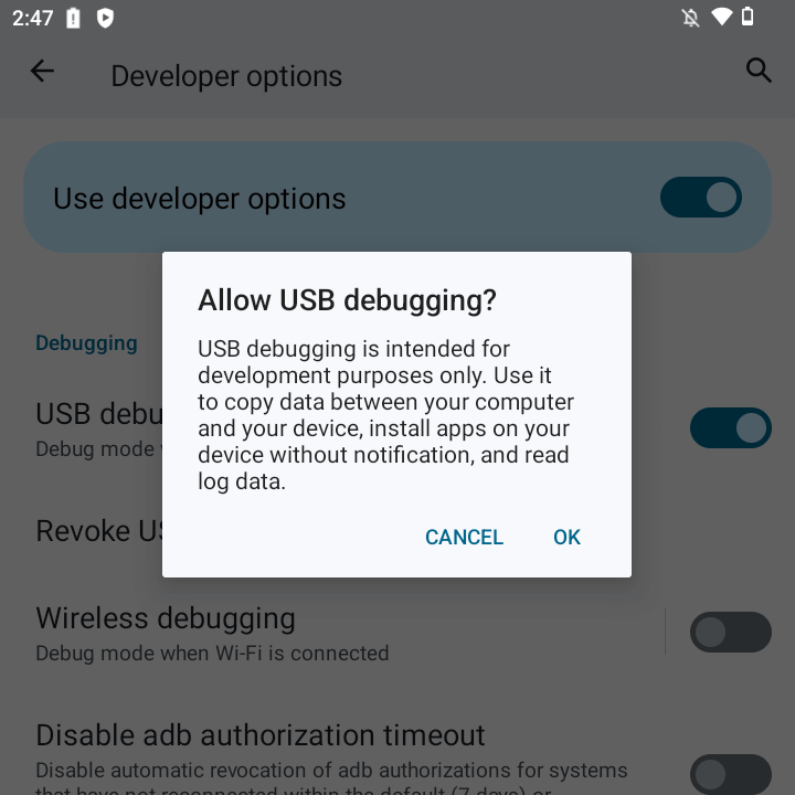 Confirmation for USB Debugging