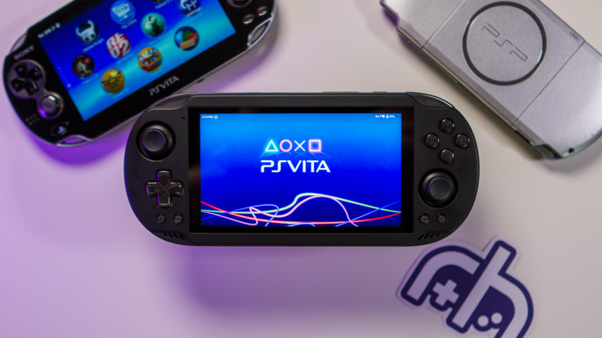 Top-down view of Odin 2 Mini with Vita and PSP