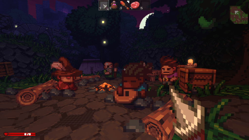 Four figures sit around a pixelated campfire at night time.