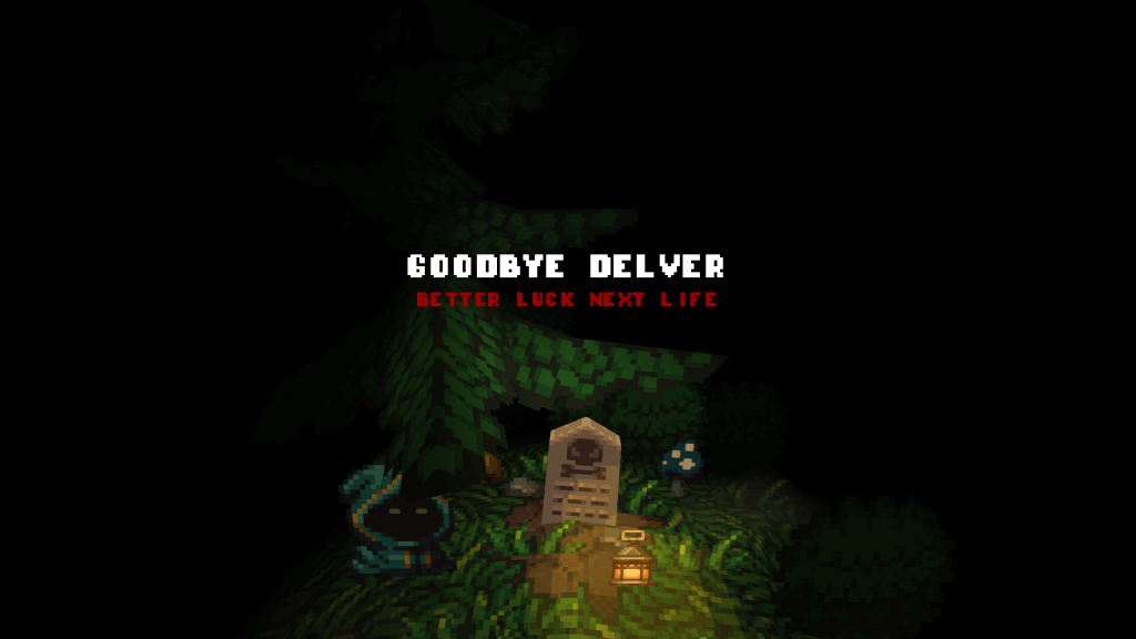 The game over screen in Delver. A campfire illuminates a gravestone, with the text 'Goodbye Delver' in bold white text above it.