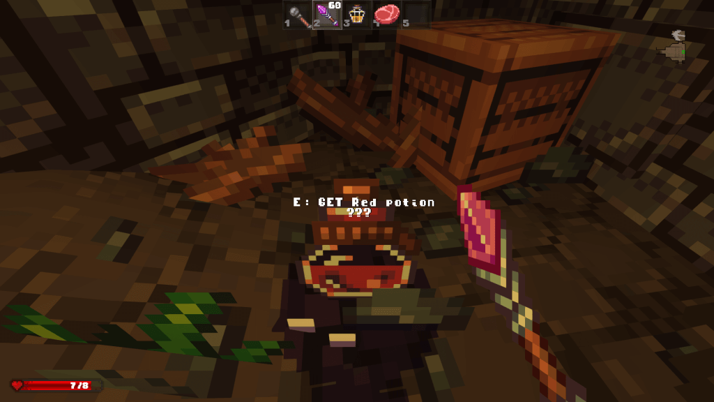 A potion sits on a stone floor in front of a crate. A tooltip says: 'E: GET Red Potion, ???'