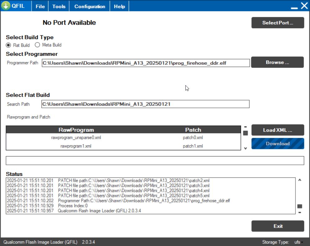 QFIL Parameters for A13 Installation on RP Mini