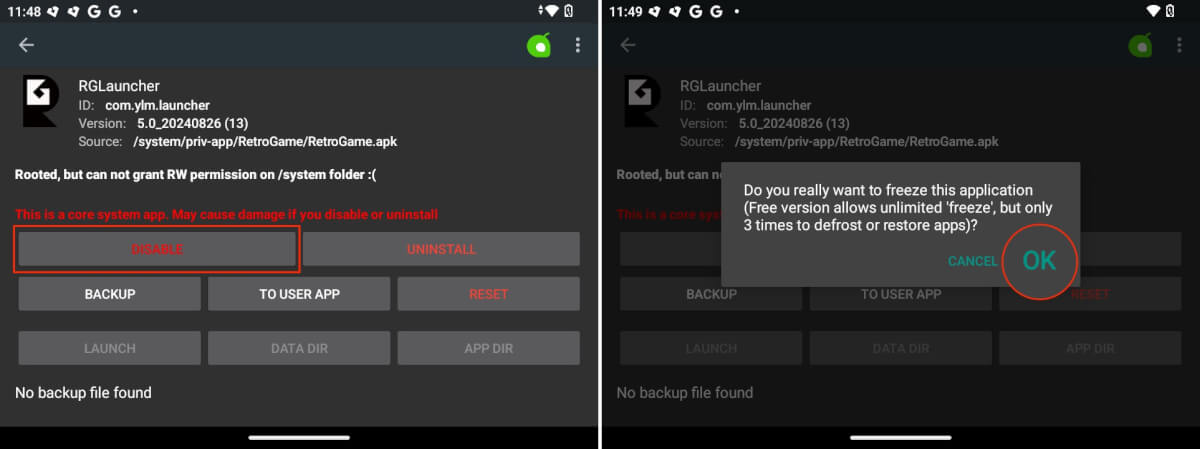 Disable RG Launcher and Confirm